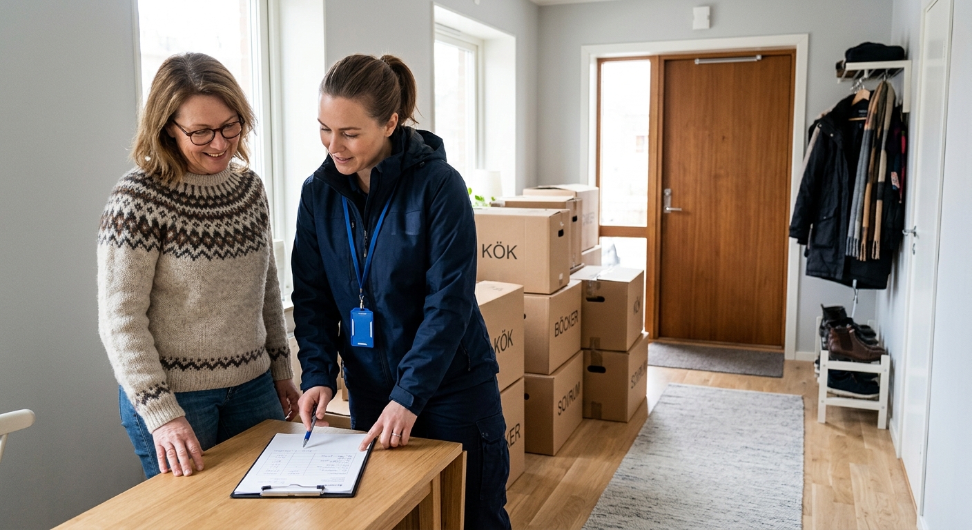 Flyttledare och kund går igenom en skriftlig offert i en hall med flyttkartonger