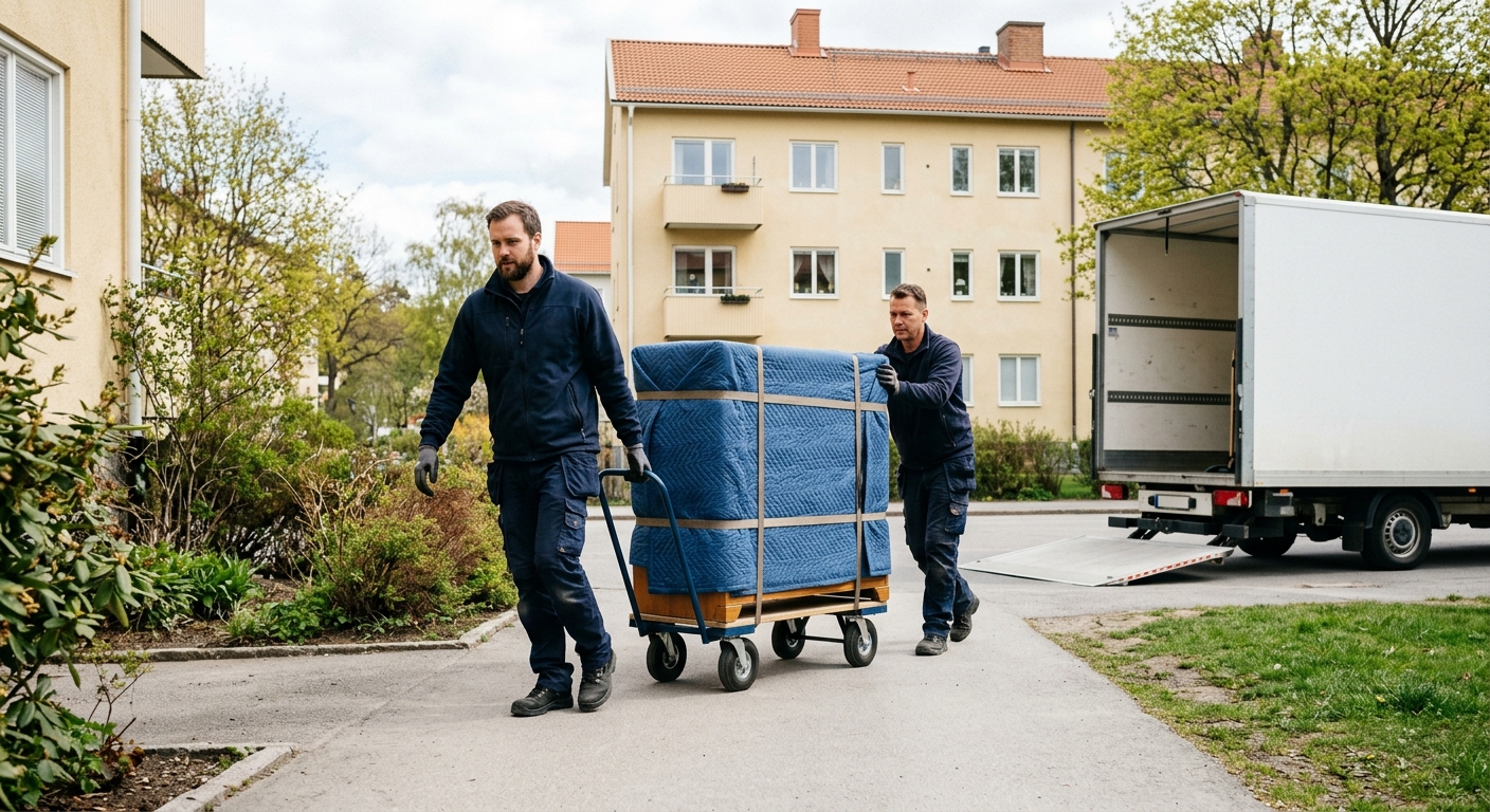 Två flyttarbetare för en skyddad byrå på transportvagn mot en skåpbil utanför ett flerbostadshus.