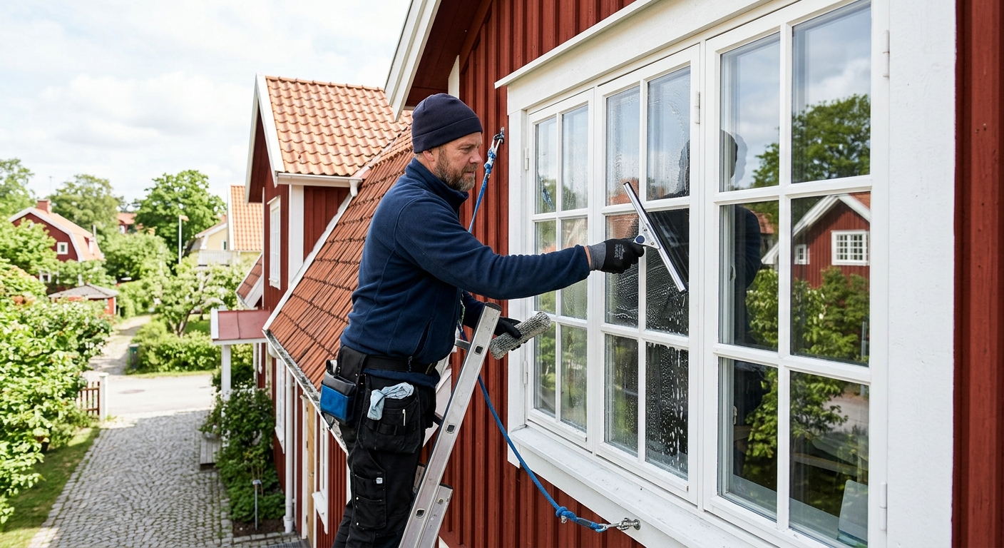 Fönsterputsare rengör ett stort fönster med spröjs