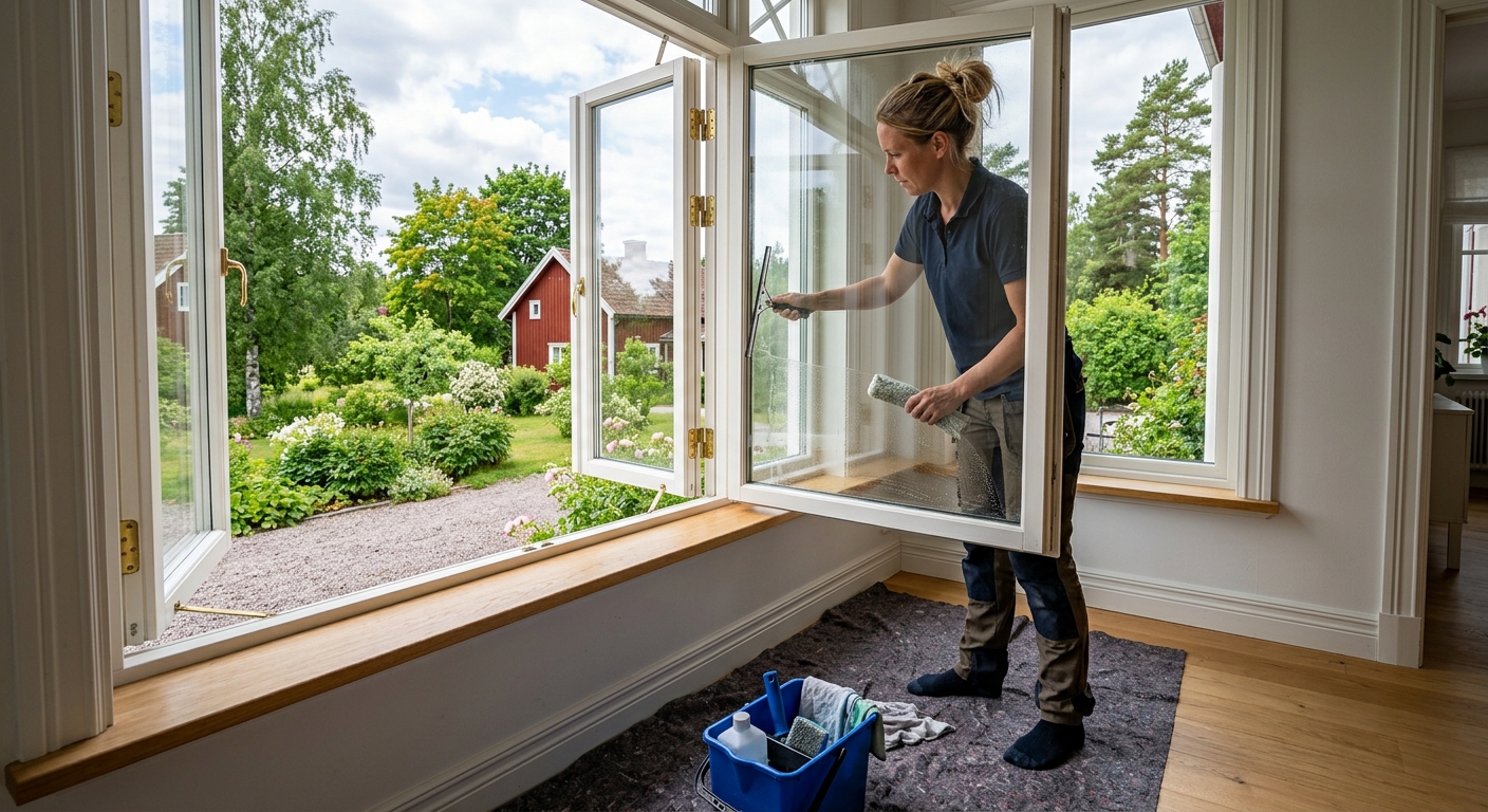 Fönsterputsare rengör insidan av ett öppningsbart fönster i en svensk villa.