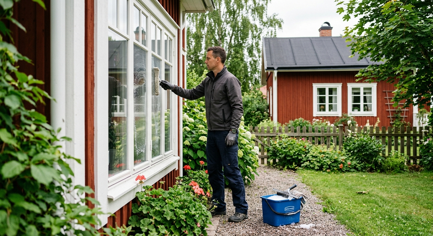 Fönsterputsare som rengör ett stort fönster från marken vid en svensk villa