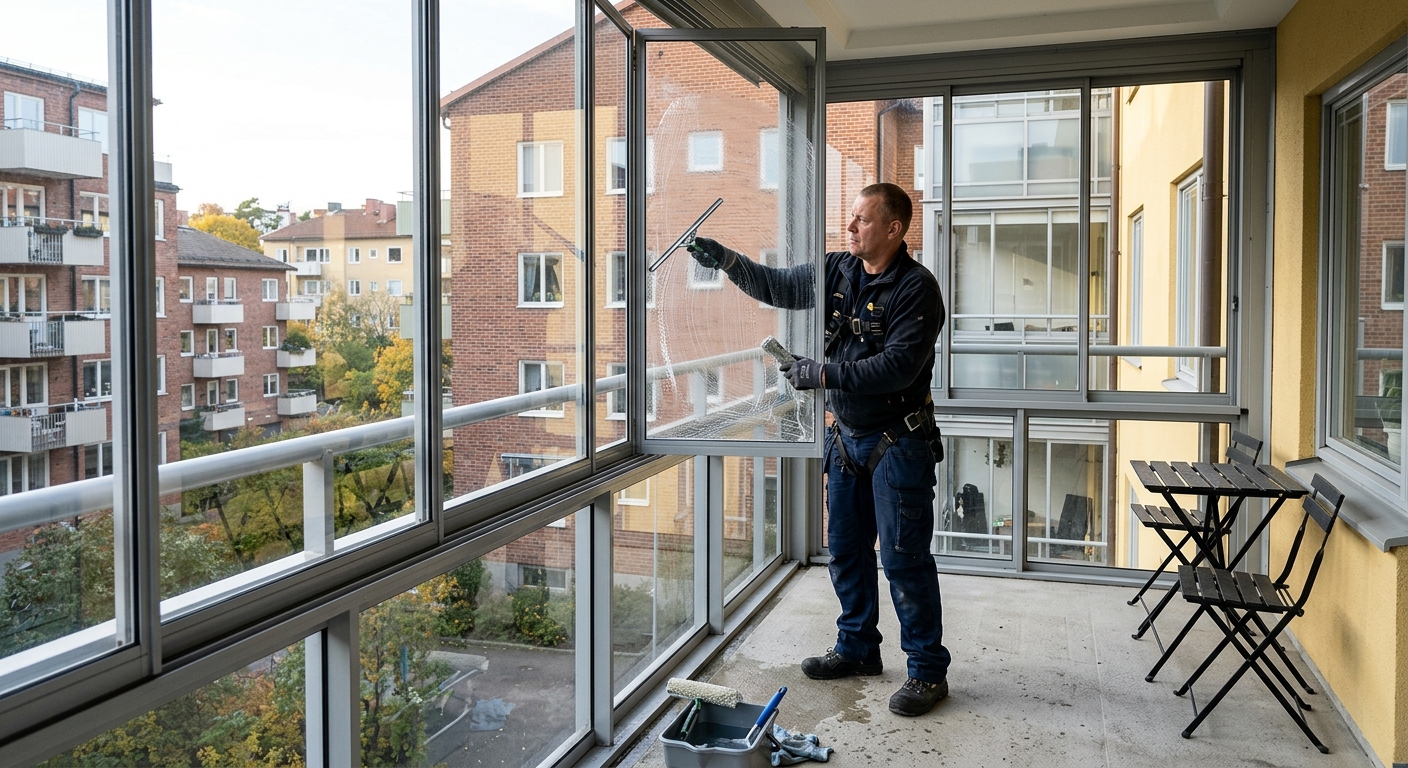 Fönsterputsare rengör en invikt glasruta på en inglasad balkong i ett svenskt flerbostadshus.