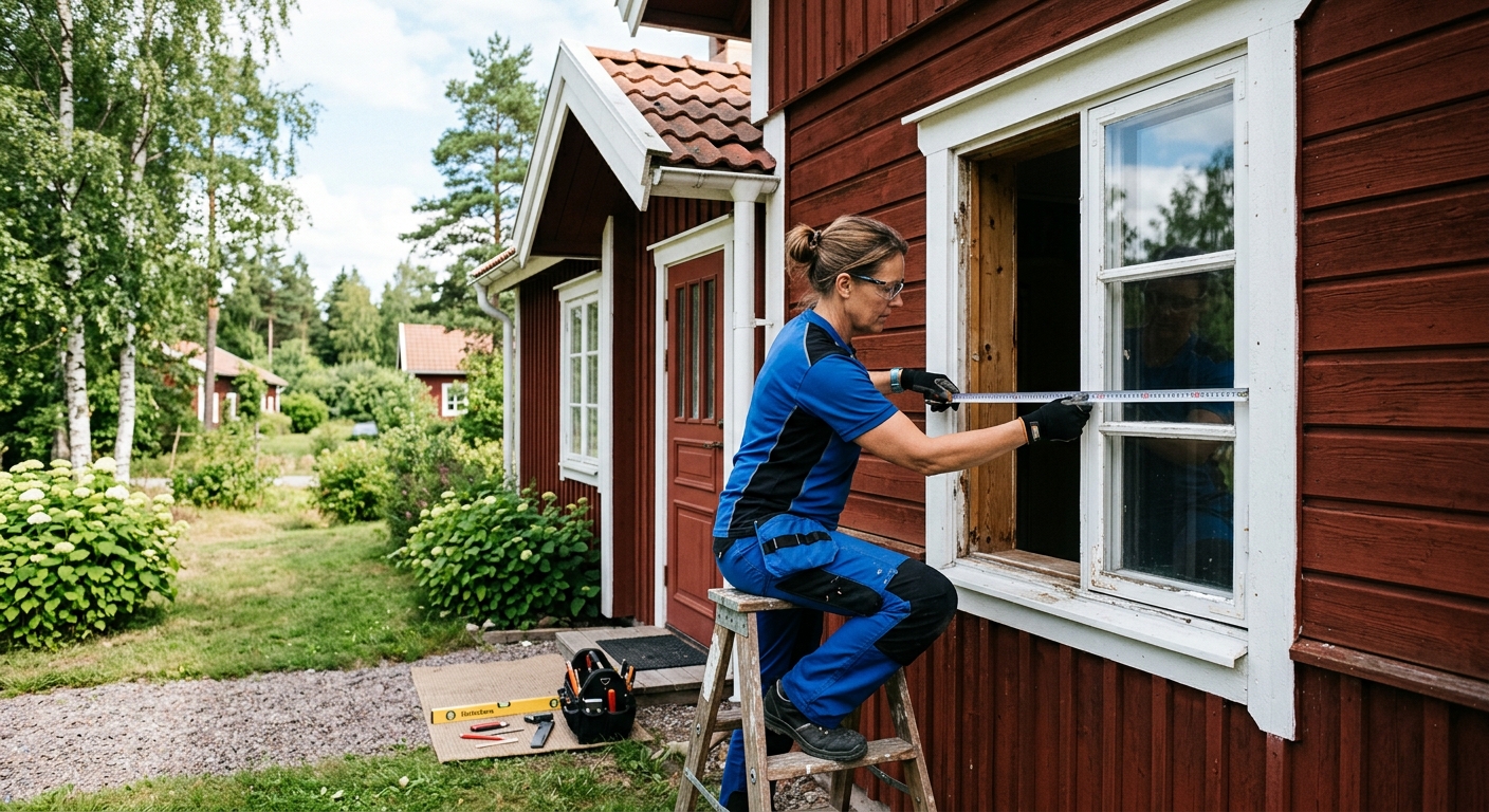 Fönstermontör kontrollmäter ett fönster i en villa