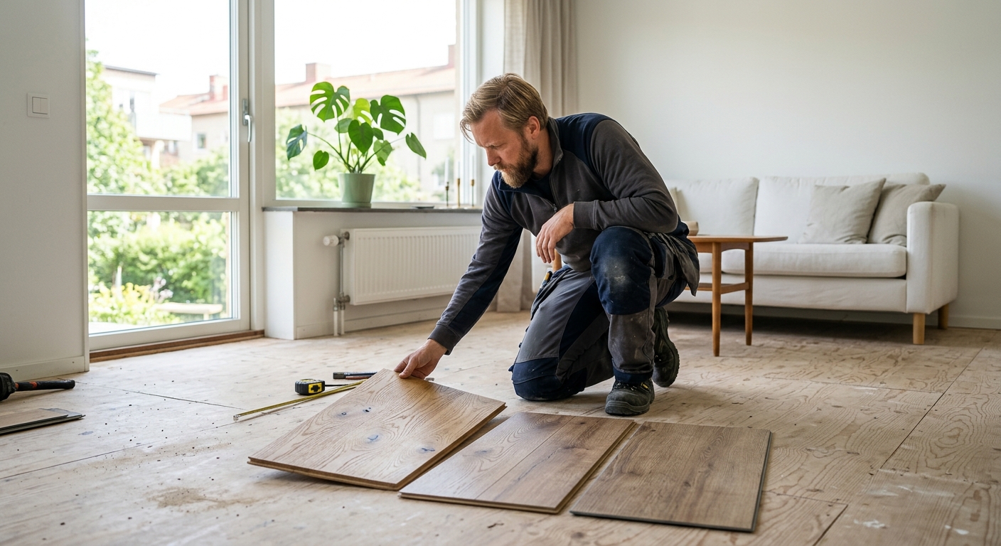 Golvläggare jämför prover av ekparkett, laminat och vinyl i ett ljust vardagsrum.