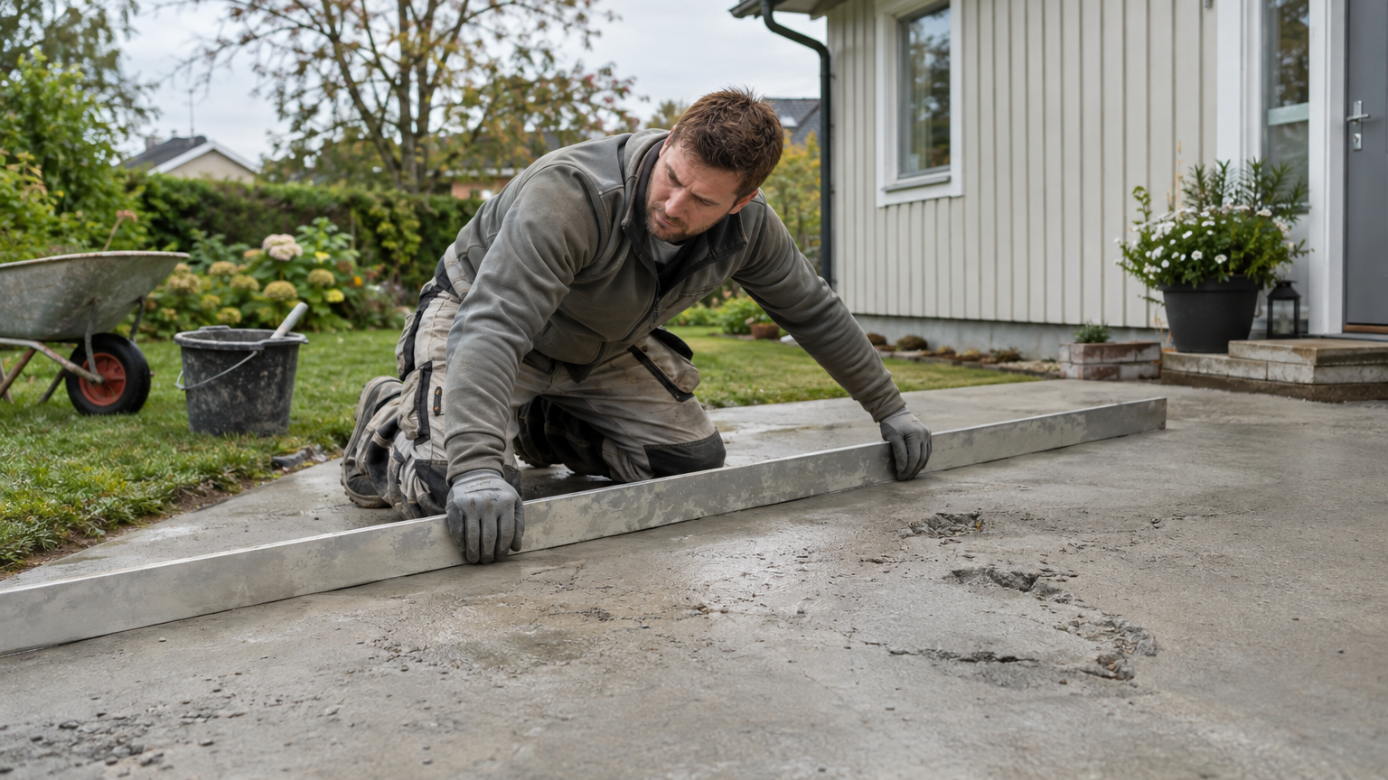 Hantverkare kontrollerar en ojämn betonguteplats med en rätskiva intill ett svenskt hus.