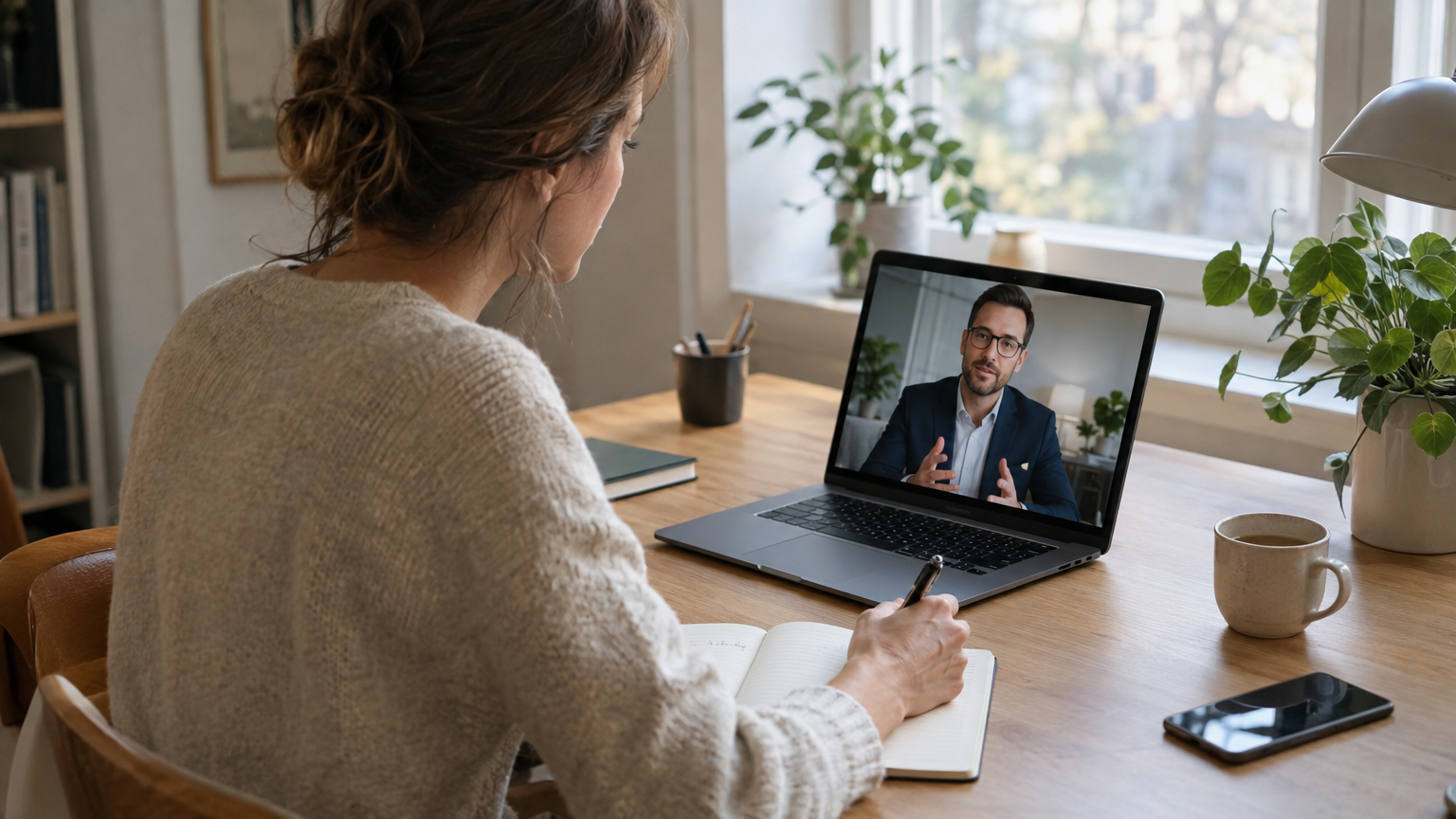 En person antecknar under ett videosamtal med en konsult på en bärbar dator.