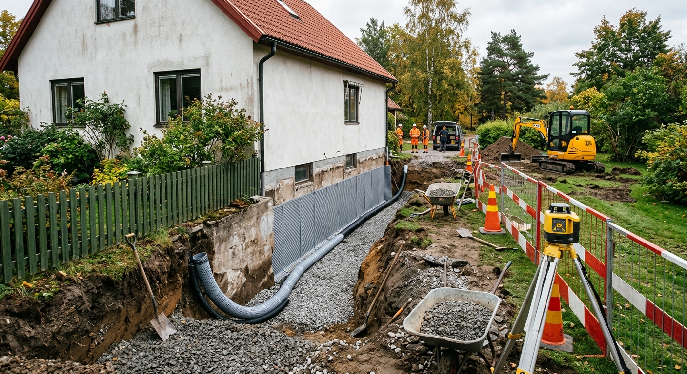Frilagd husgrund vid ett dräneringsarbete intill en svensk villa