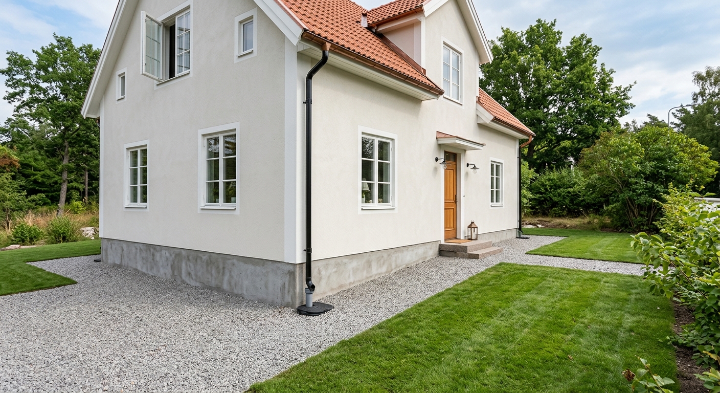 Villa med synlig sockel, stuprör och återställd grusremsa längs fasaden