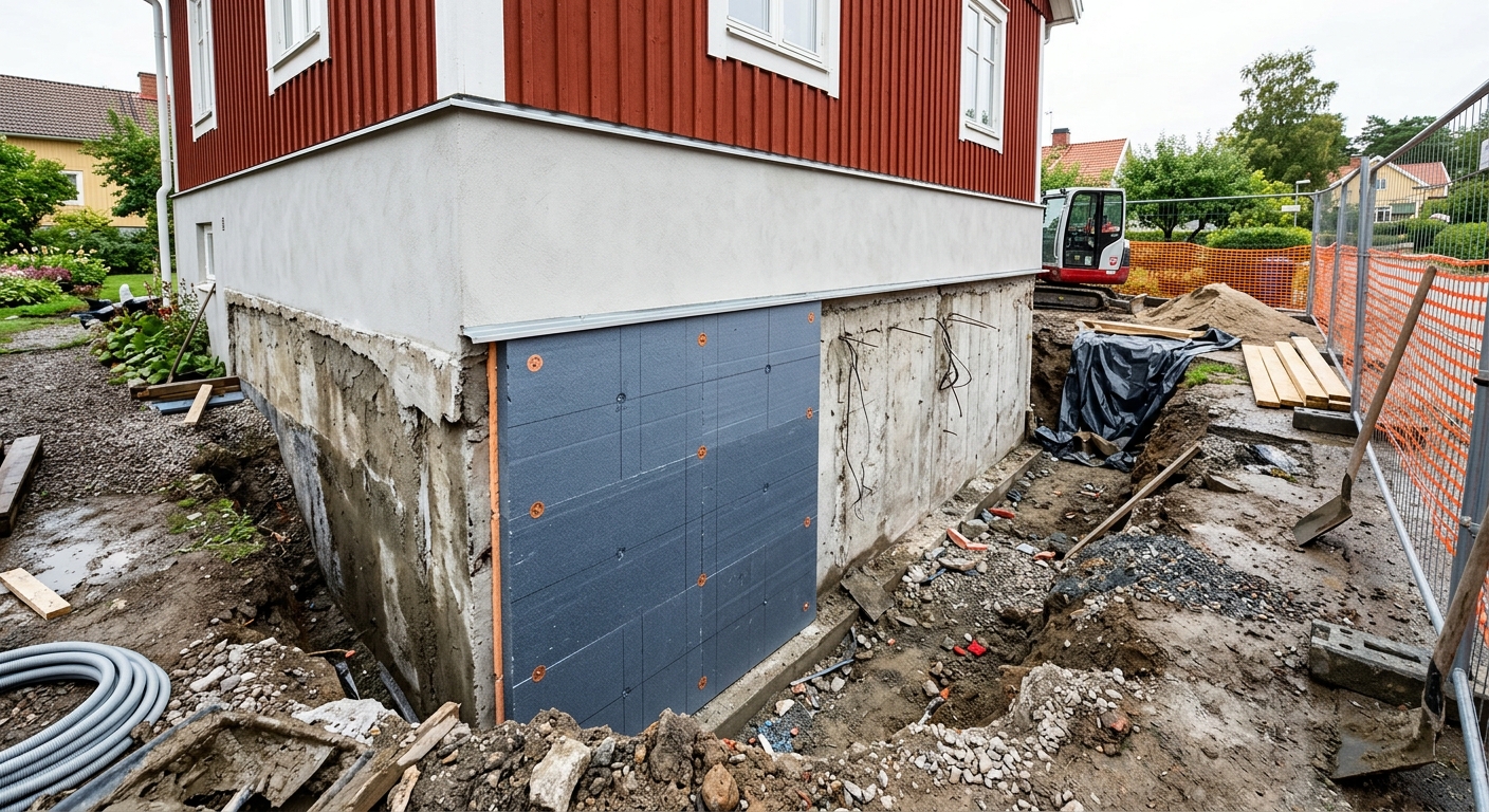 Utvändiga isolerskivor monterade på en frilagd källarvägg vid en villa