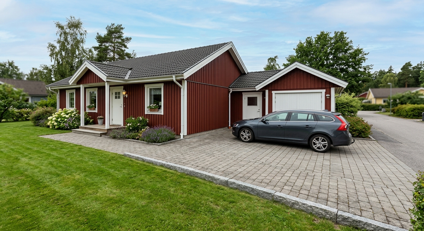 Stenlagd garageuppfart med grå marksten, kantsten och gång till entrén vid en svensk villa