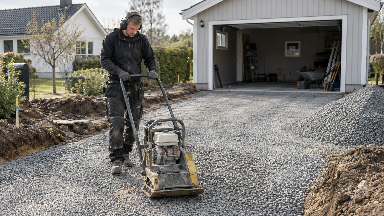 Markarbetare packar bärlager framför ett garage vid en svensk villa.