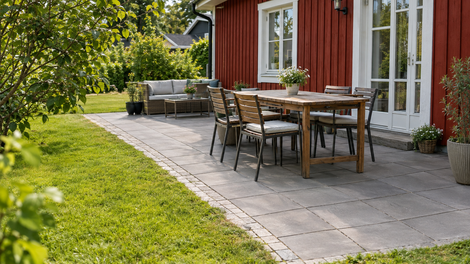 Stenlagd uteplats med grå markplattor intill ett svenskt trähus och en gräsmatta.