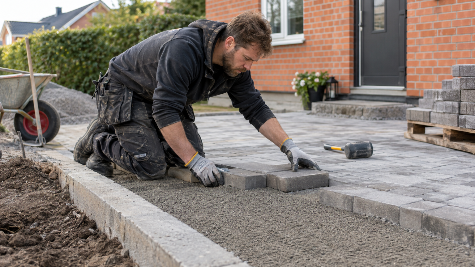 Anläggare som lägger grå marksten på en förberedd villauppfart med kantsten.