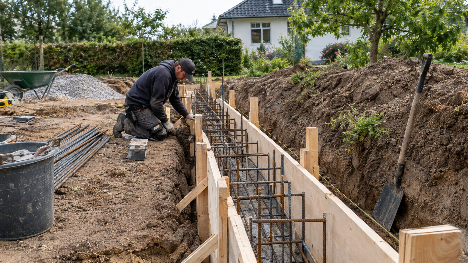 Träform för en betongstödmur med synlig armering och schaktad mark i en svensk villaträdgård.