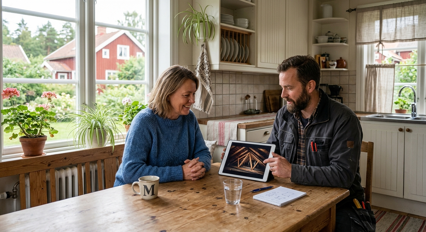 Husägare och fackperson går igenom fotografier av en vind på en surfplatta vid ett köksbord.