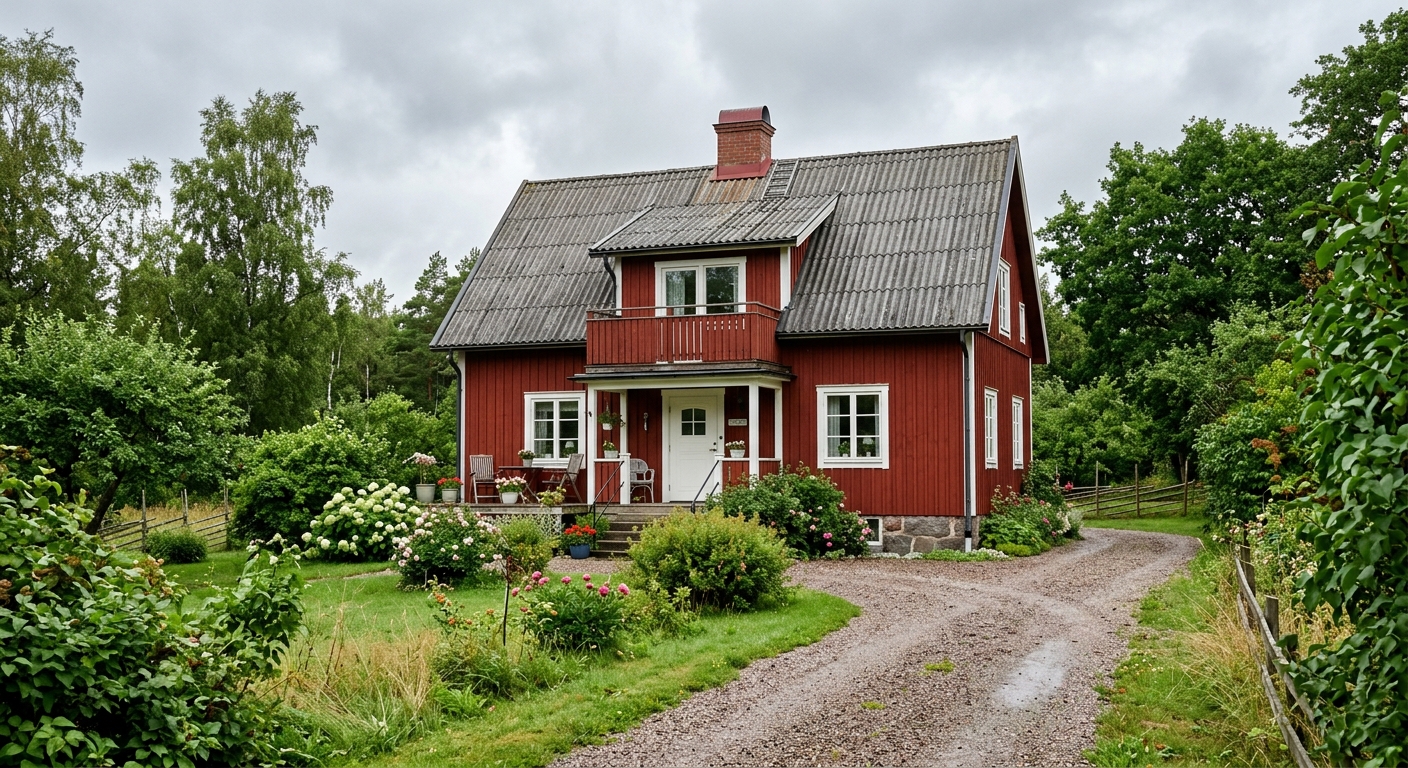 Svensk villa med grått korrugerat tak och fri uppfart, fotograferad från marken.