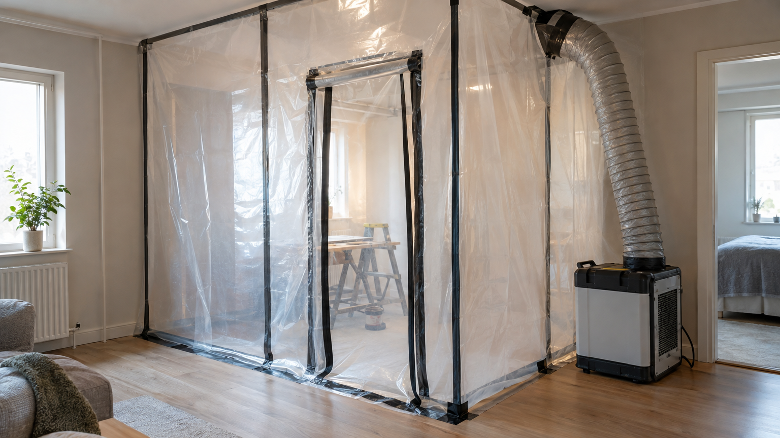 Plastavskärmning med slussingång och ventilationsslang i en svensk bostad under renovering.