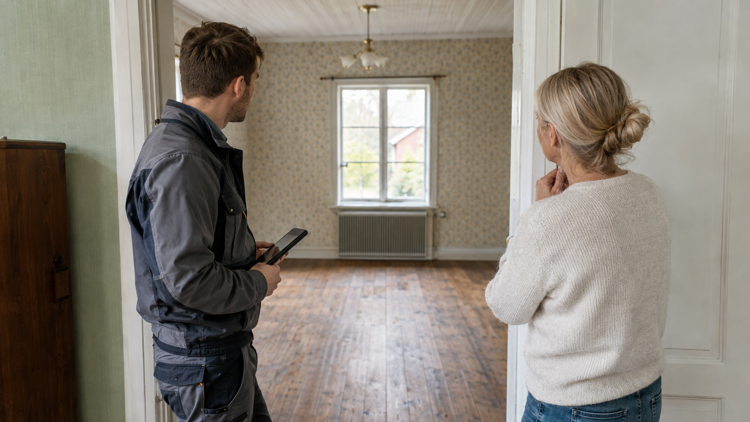 Sakkunnig och husägare granskar ett äldre rum inför renovering utan att röra byggmaterialet.