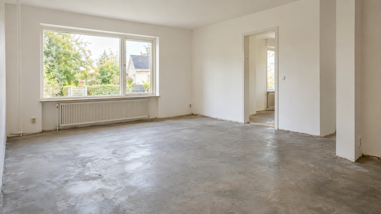 Tomt rum i ett svenskt hus med synligt betonggolv inför planering av återställning.