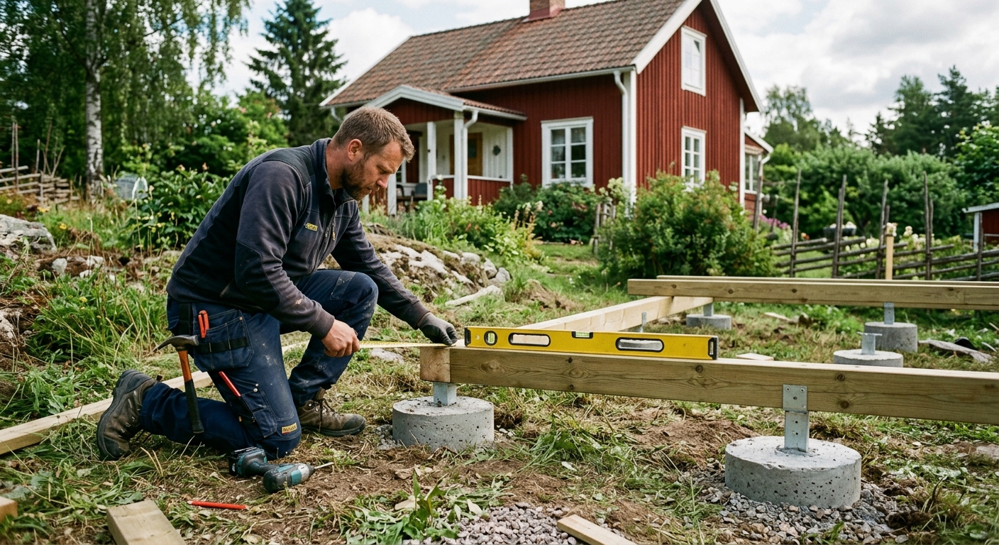 Snickare kontrollerar grund och bärlinor inför altanbygge