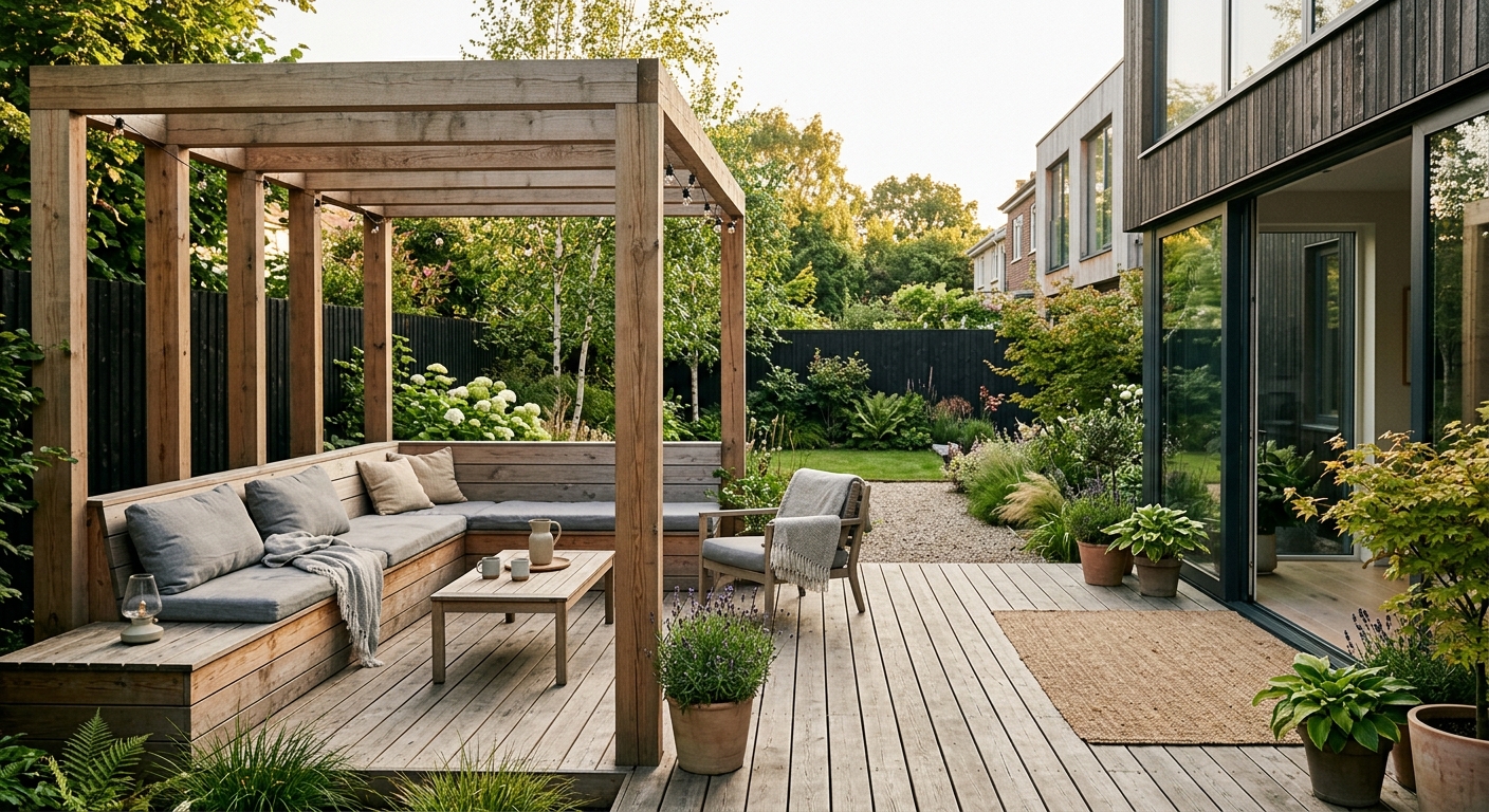 Altan med pergola och integrerad sittbänk