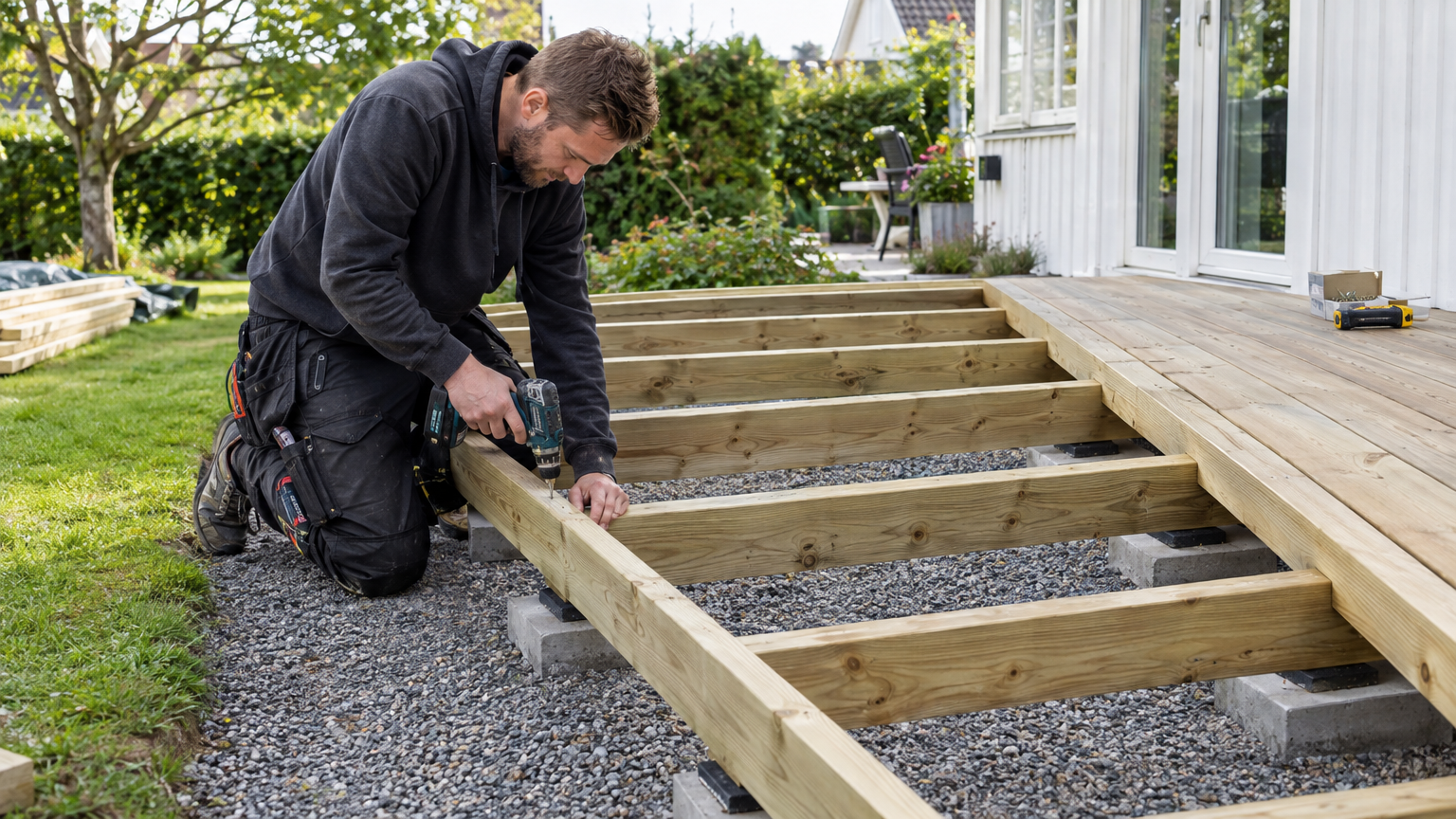 Trästomme till en låg altan med betongplattor som stöd på en förberedd grusyta