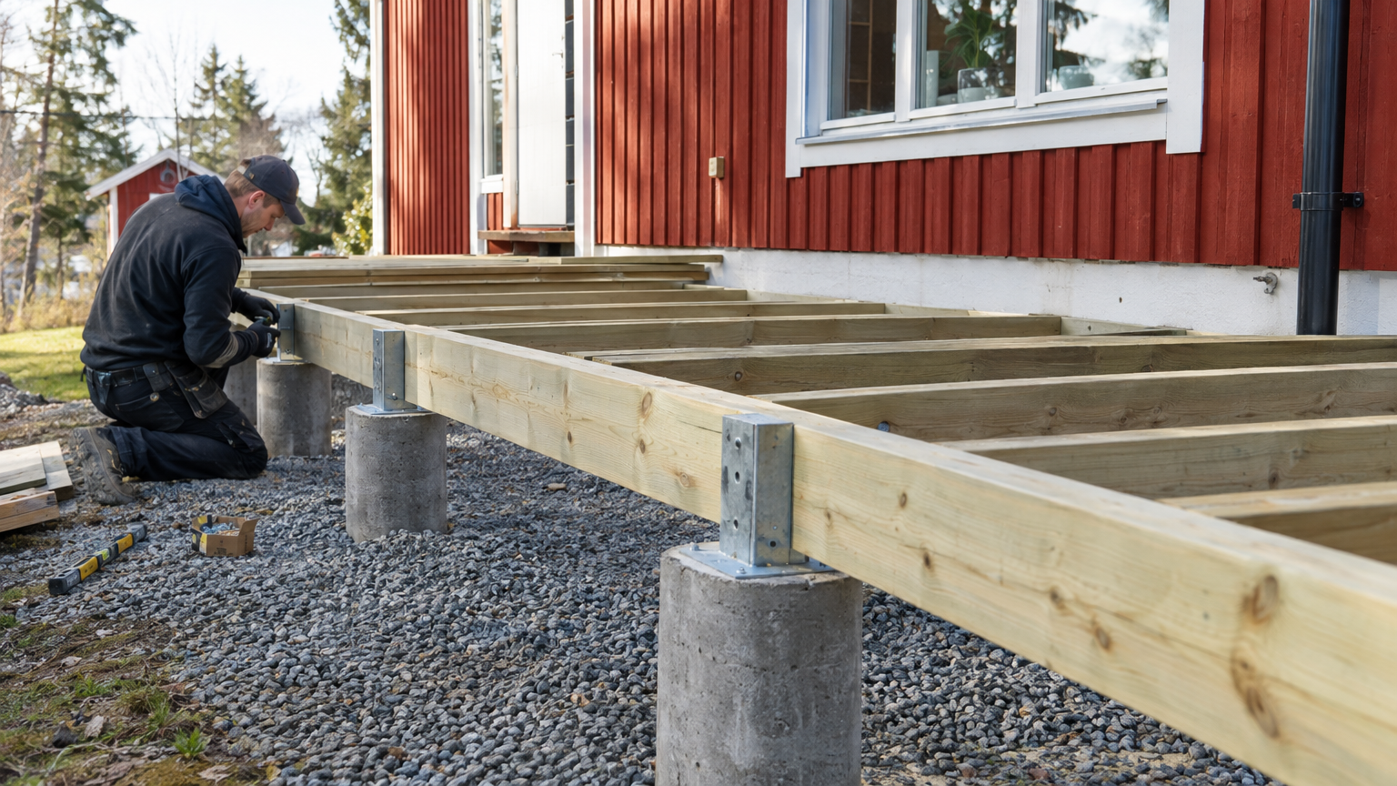 Betongplintar med stolpskor och träbärlinor under en altan som byggs vid ett svenskt trähus.