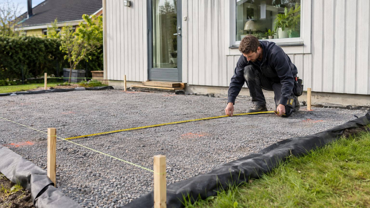 Förberedd grusyta med markerade platser för altanstöd intill en svensk villa.