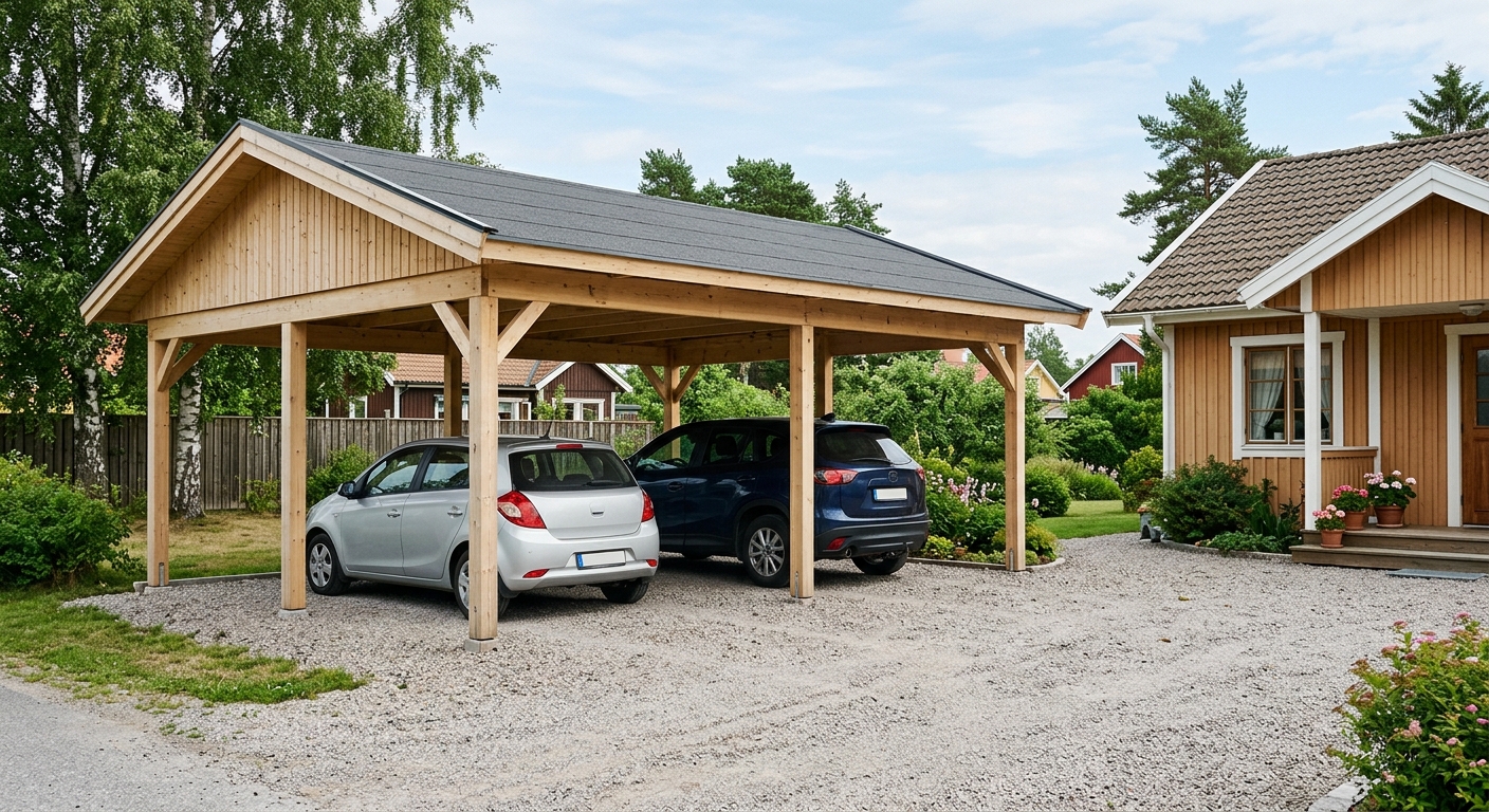 Fristående dubbel carport i trä på en svensk villauppfart