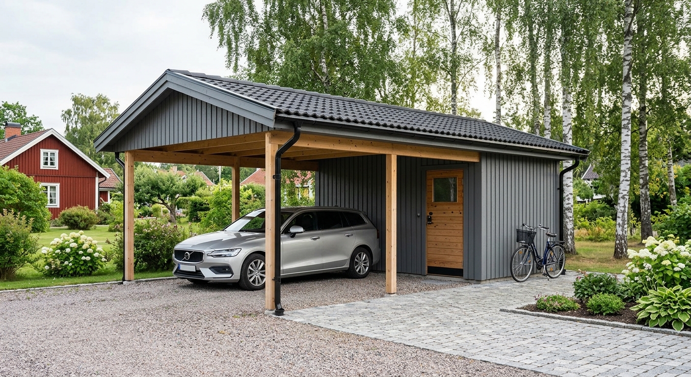 Carport i trä med förråd och dörr vid sidan av parkeringsplatsen