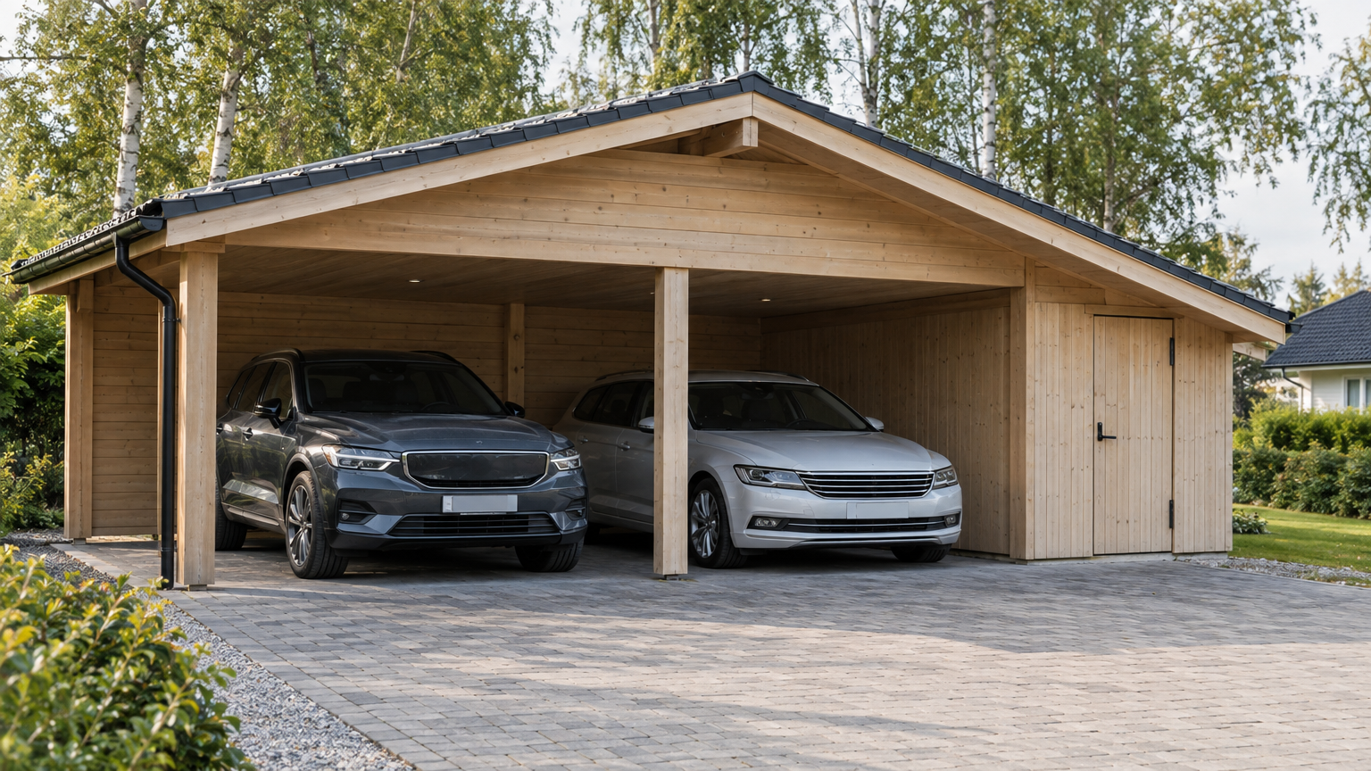Dubbelcarport med två bilplatser och ett sidoplacerat förråd med trädörr