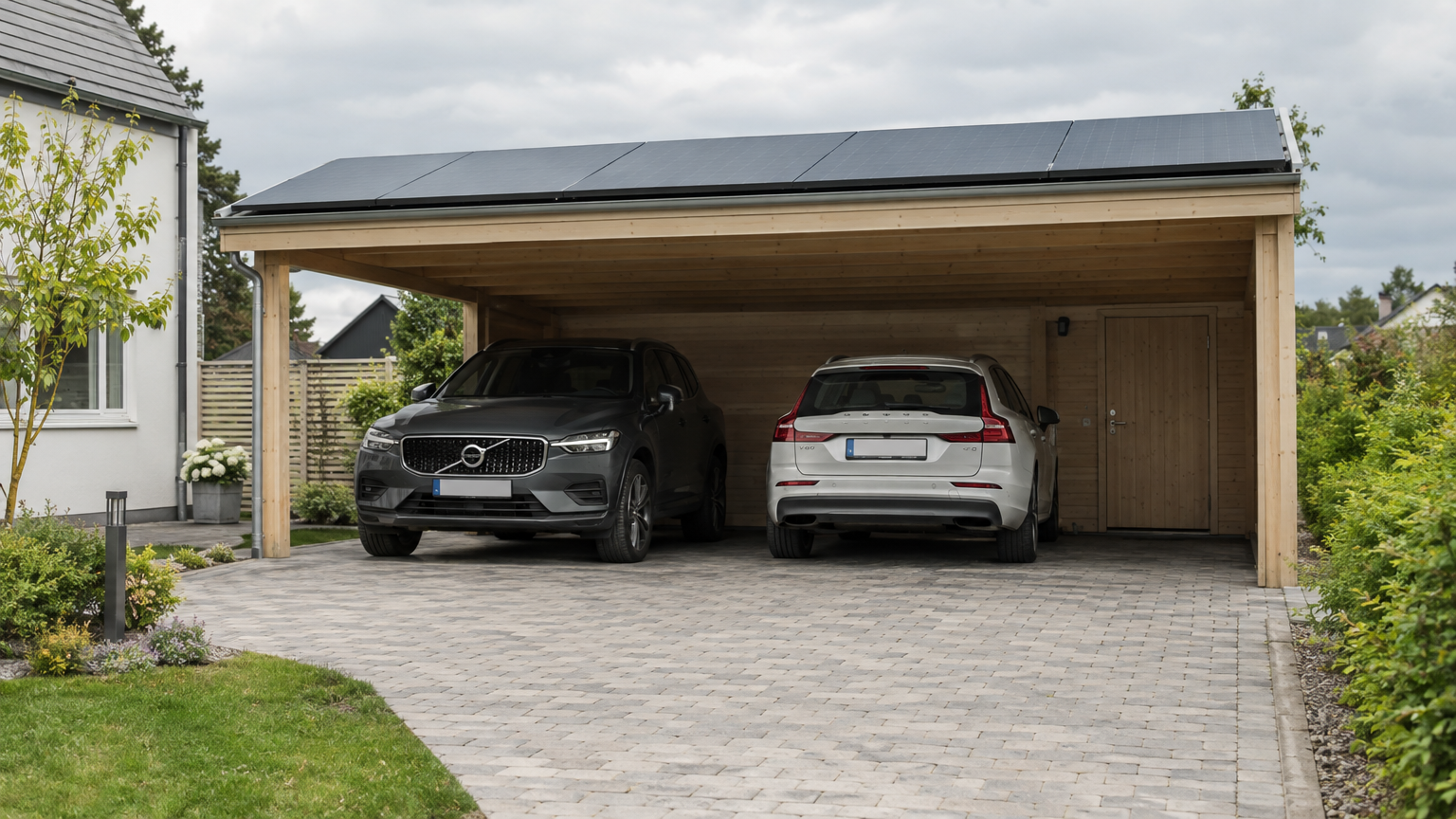 Dubbelcarport med solpaneler, två parkerade bilar och ett förråd vid en svensk villa