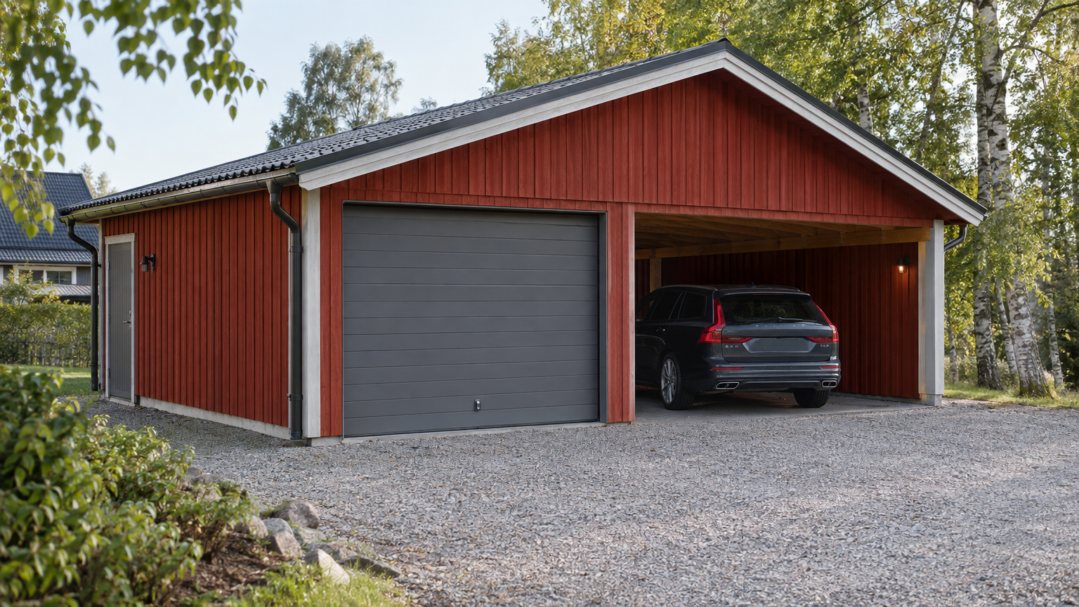 Trägarage med grå port, intilliggande carport och en förrådsdörr på en svensk villatomt.