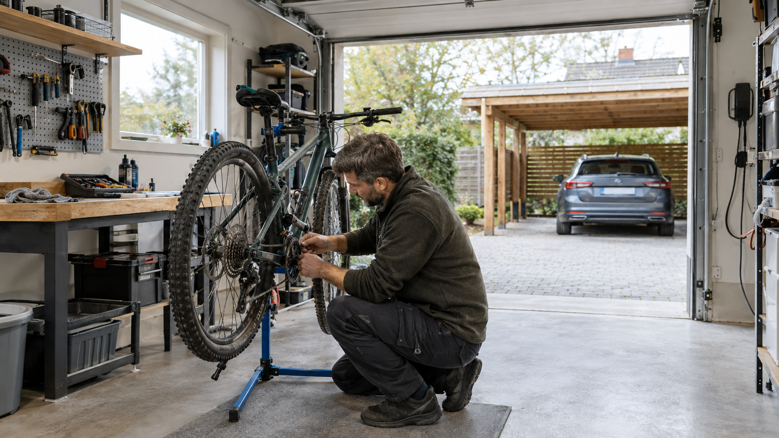 Ljust garage med arbetsbänk och öppen port mot en intilliggande carport med parkerad bil.