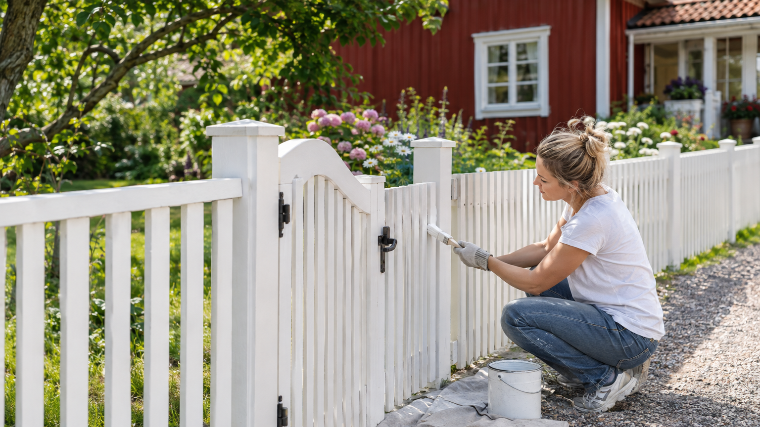 Vitt trästaket med stående spjälor och en grind framför en svensk villaträdgård.