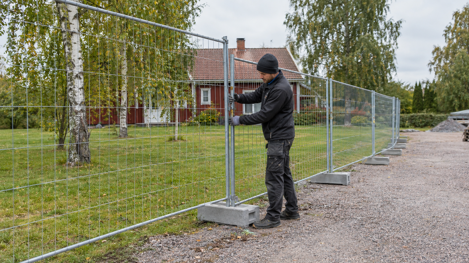 Tillfälligt byggstängsel med metallsektioner och betongfötter längs en svensk villatomt.