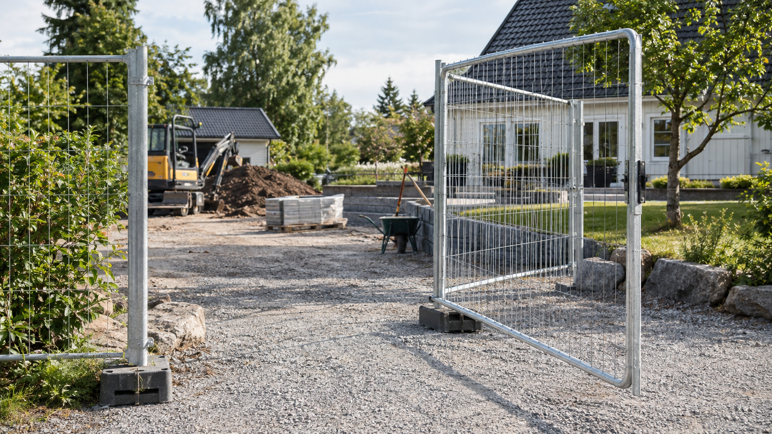 Byggstängsel med en öppning för infart vid ett markarbete intill en svensk villa.