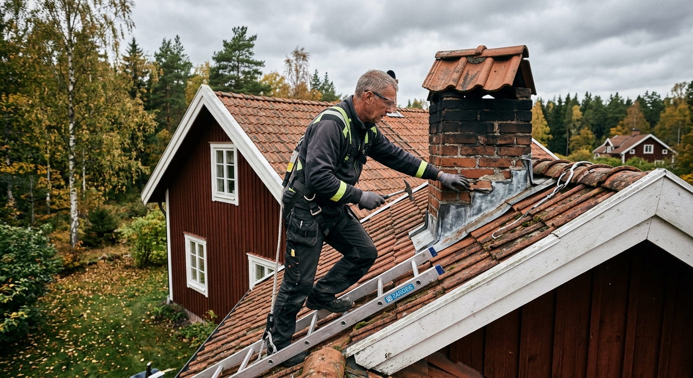 Takläggare som inspekterar ett villatak före takbyte