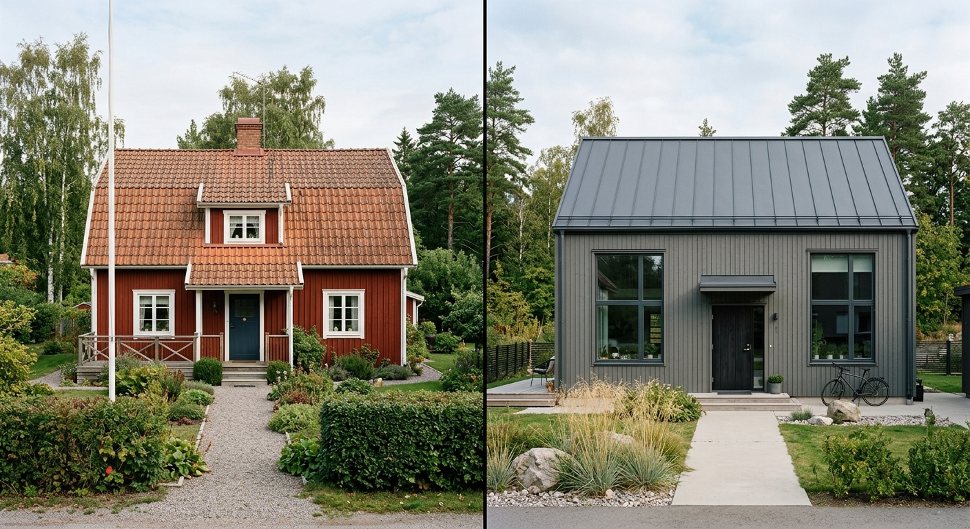 Nylagt mörkt plåttak och klassiskt tegeltak på svenska villor