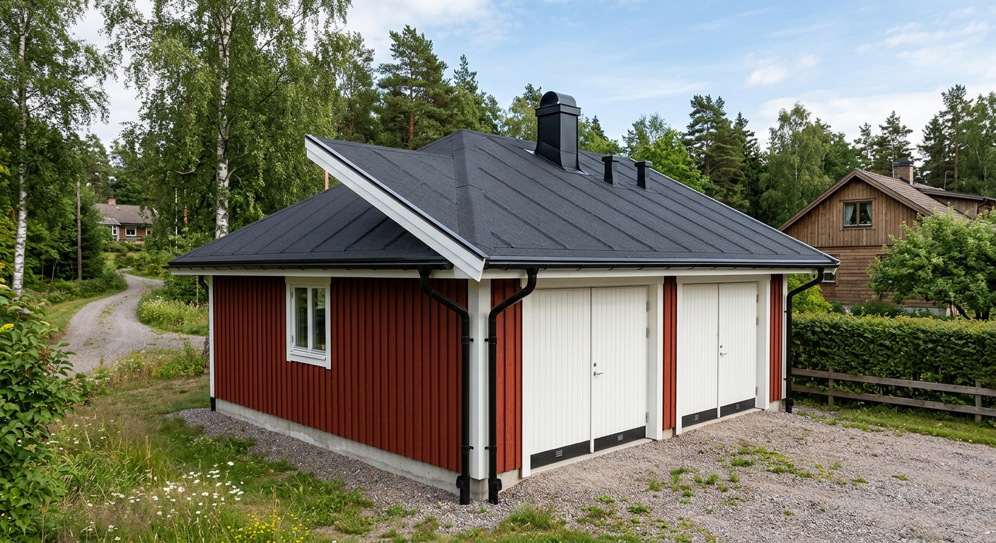 Papptak på låglutande garagebyggnad