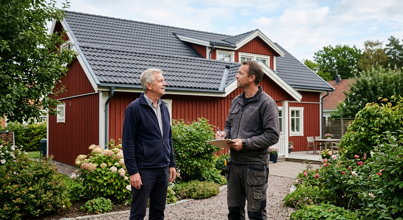 Takläggare och husägare kontrollerar ett färdigt nylagt tak