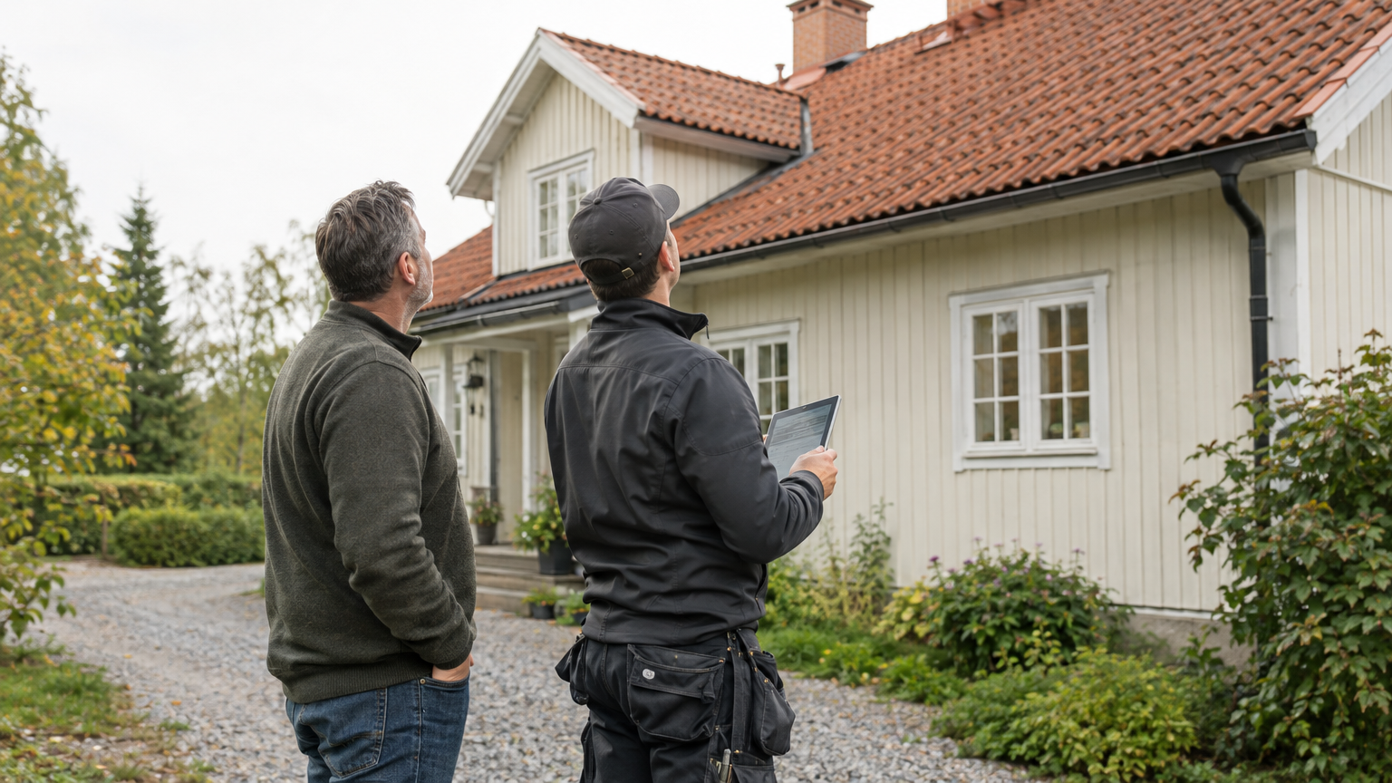 Villaägare och takläggare tittar på ett tegeltak från uppfarten till en svensk villa.