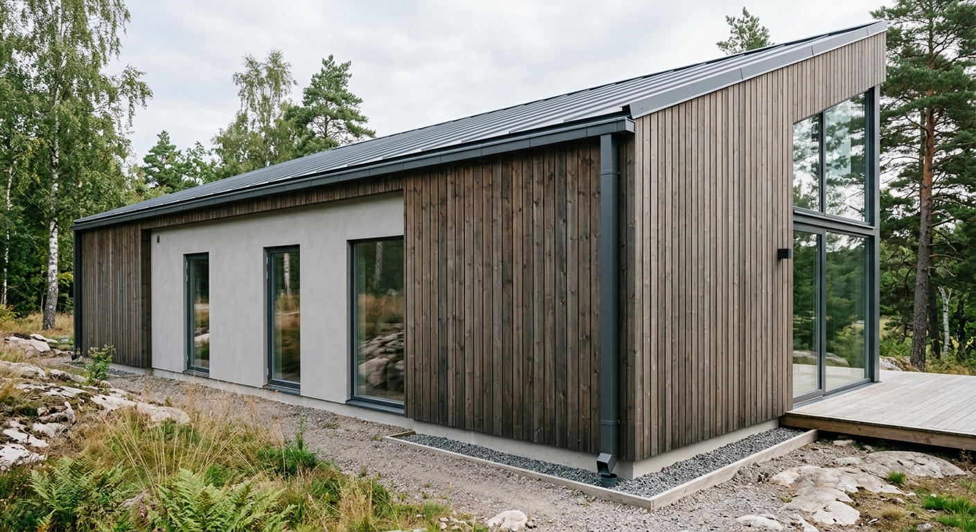 Diskret aluminiumränna längs modern villa.