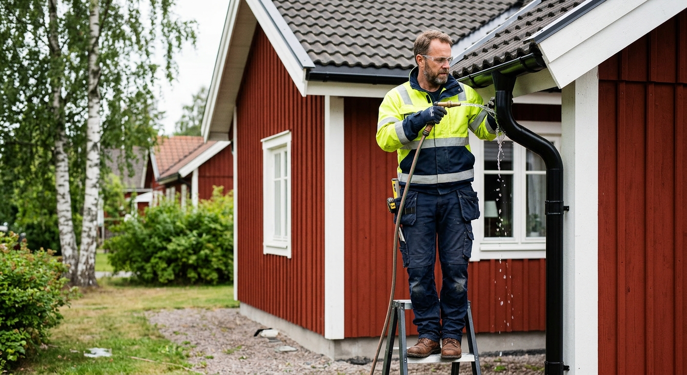 Fackperson testar vattenflödet i en nyinstallerad hängränna och ett stuprör.