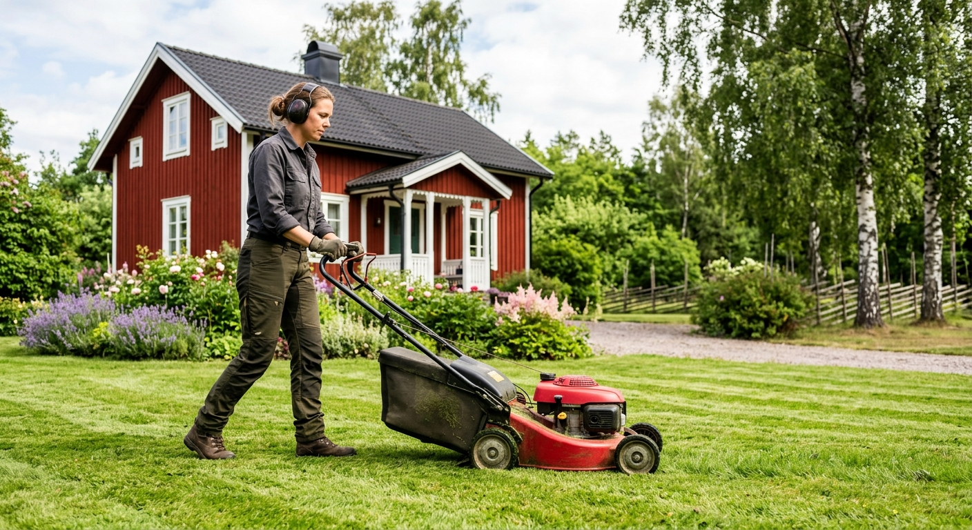 Trädgårdsarbetare klipper en gräsmatta med gågräsklippare vid ett svenskt trähus.