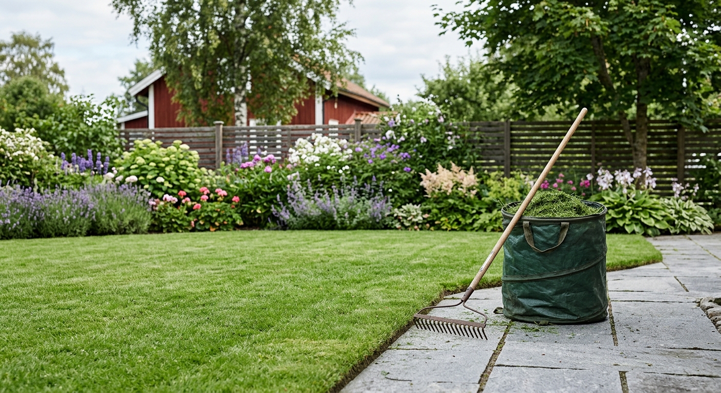Nyklippt gräsmatta intill en stenlagd gång med en kratta och en behållare med uppsamlat gräs.