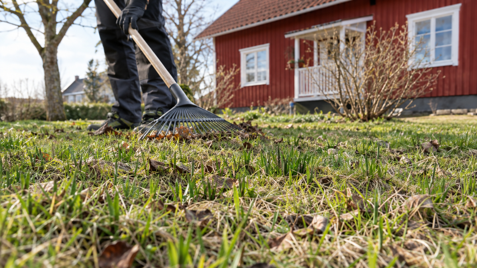 Gräsmatta med nytt grönt gräs och enstaka torra löv i en svensk villaträdgård