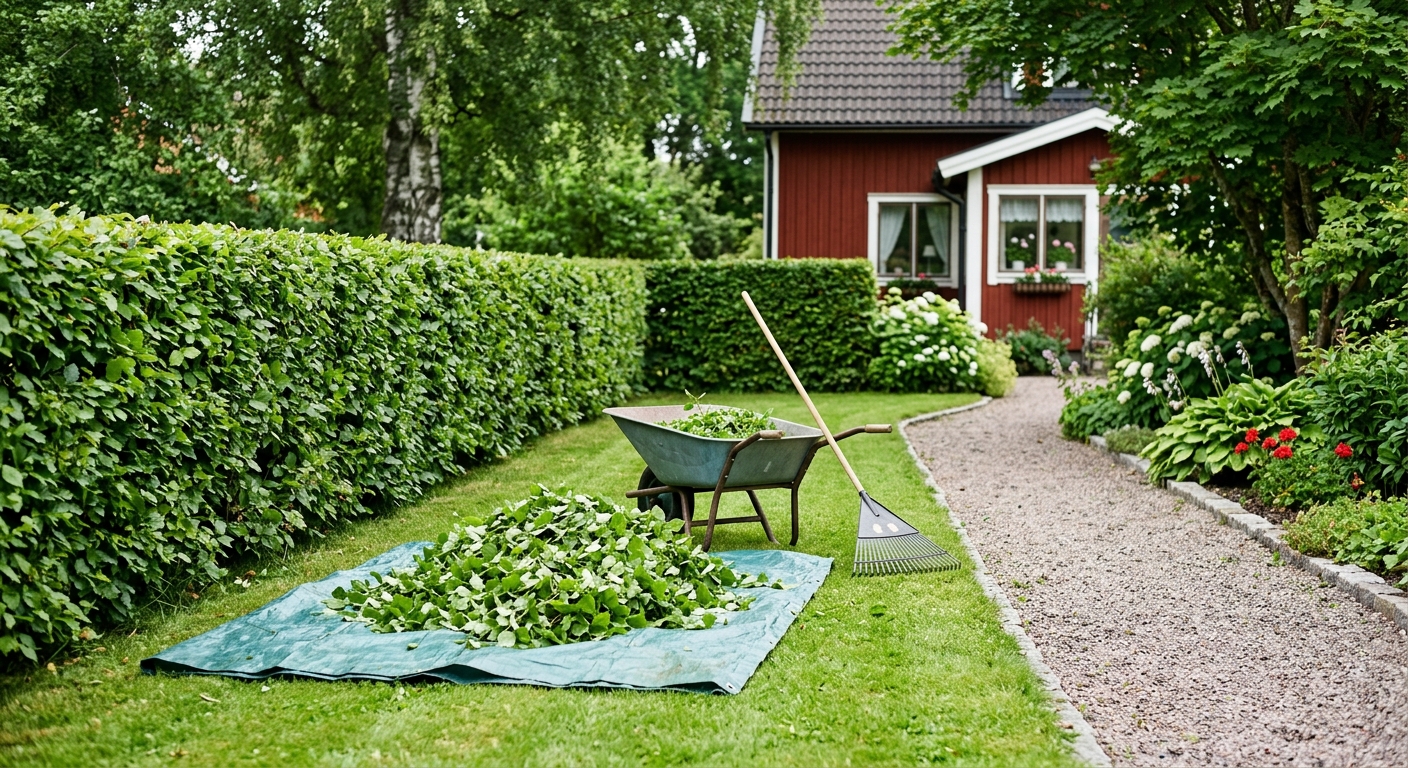 Häckklipp ligger på en presenning intill en nyklippt häck och en skottkärra.