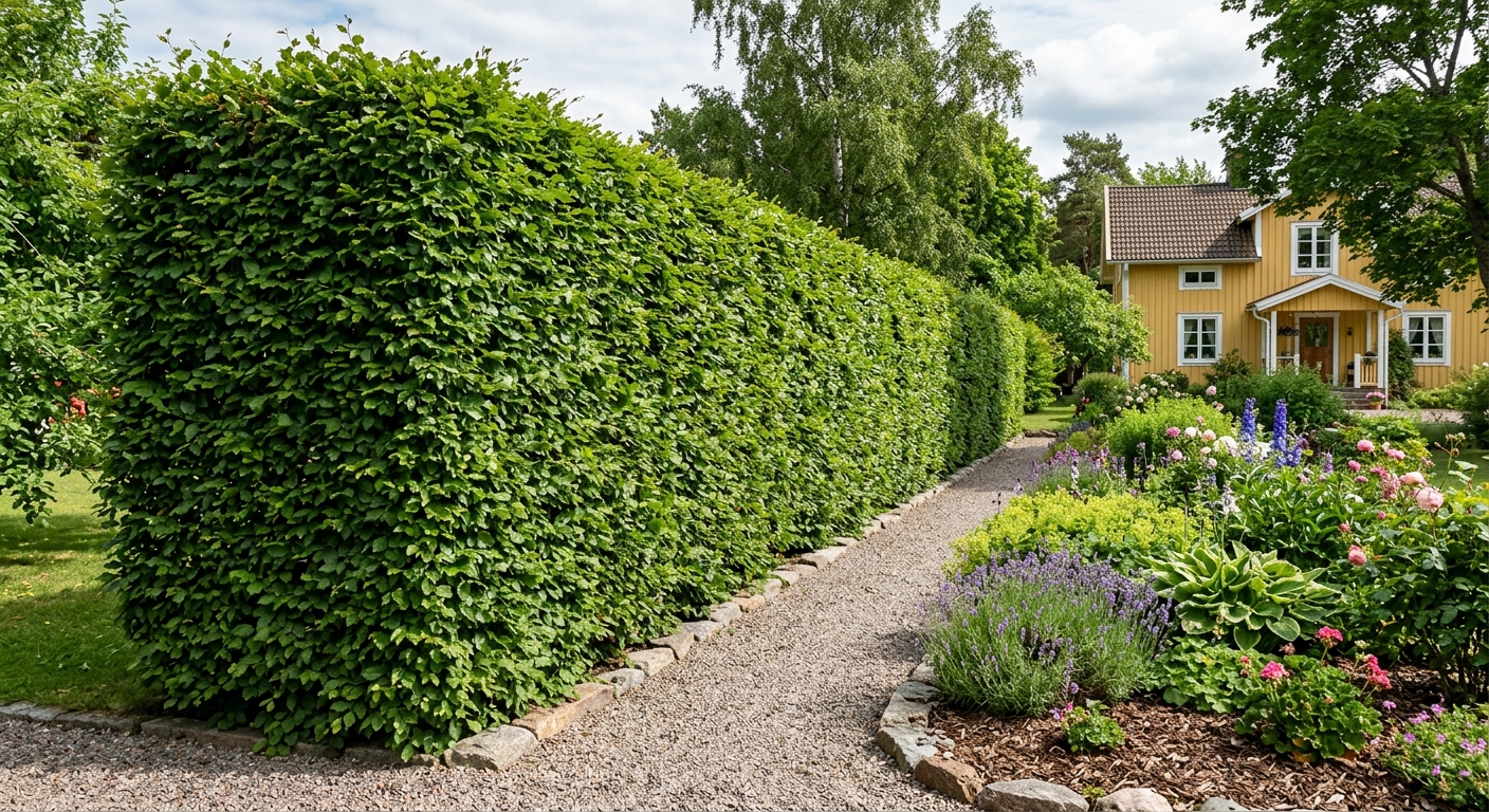 Hög häck längs en svensk villaträdgård med en smal gång och rabatt intill.