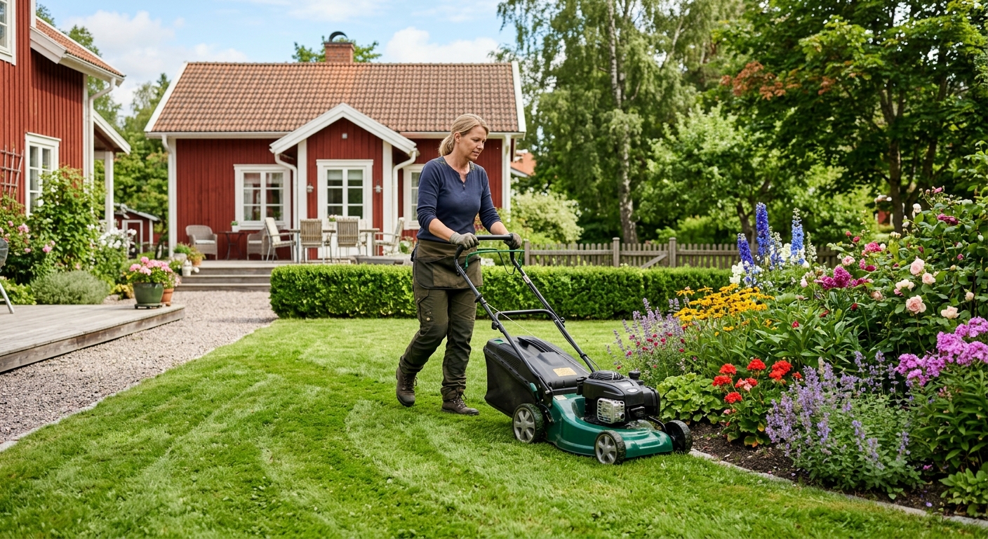 Trädgårdsarbetare klipper gräset intill en rabatt i en svensk villaträdgård.